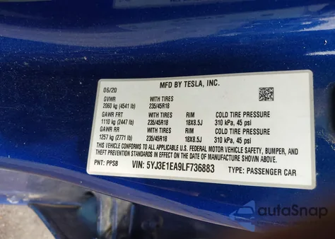 2020 Tesla Model 3 Standard Range Plus Rear-Wheel Drive/Standard Range Rear-Wheel Drive from USA, damaged, VIN 5YJ3E1EA9LF736883